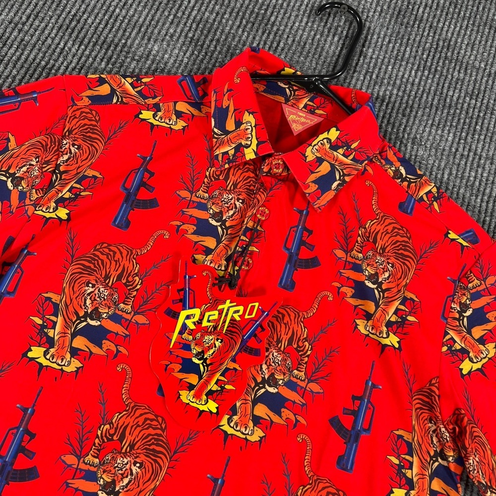 Retro Rifle Tiger Polo Shirt Mens XS Extra Small Red Geometric Short Sleeve New